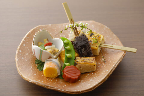 焼物・豆腐田楽鯛味噌バター、生麩、高野豆腐の田楽