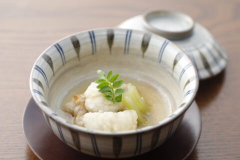 蒸物・鱧の揚げ煮と蓮根豆腐の焚き合せ